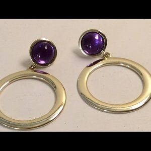 Purple and Goldtone Dangling Hoop Pierced Earrings